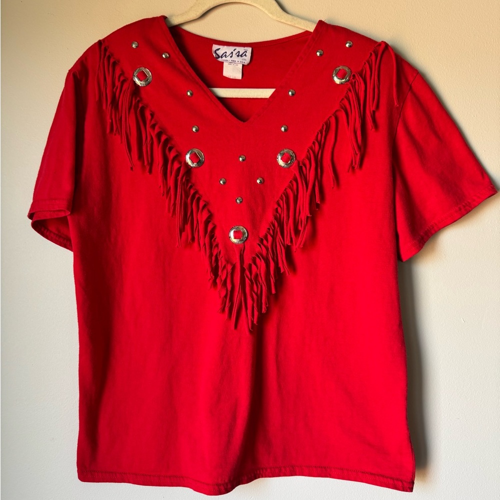 Vintage 90’s Red Fringe Western Top with Silver Accents Festival Wear